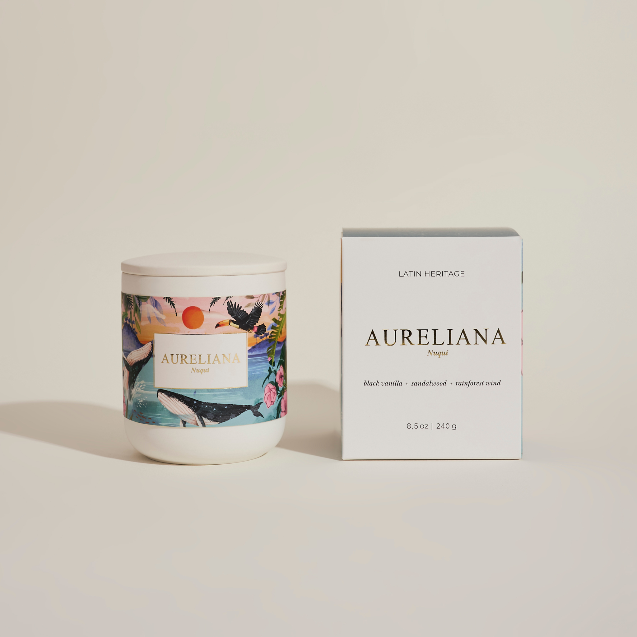 Aureliana candle and packaging on a light background