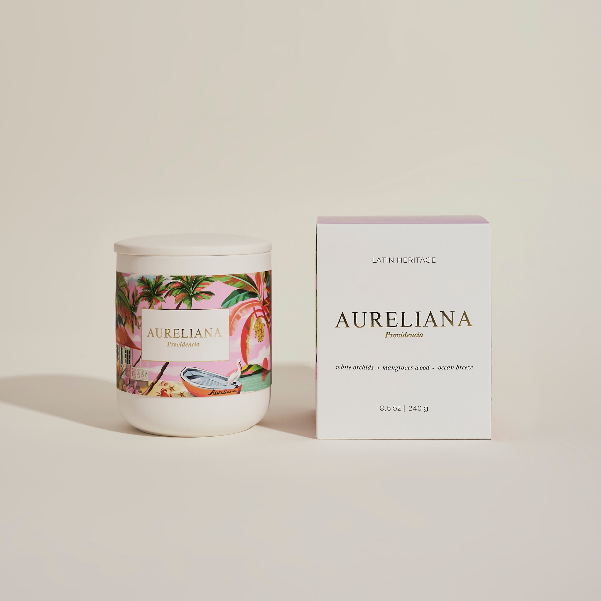 Aureliana candle with decorative packaging on a beige background
